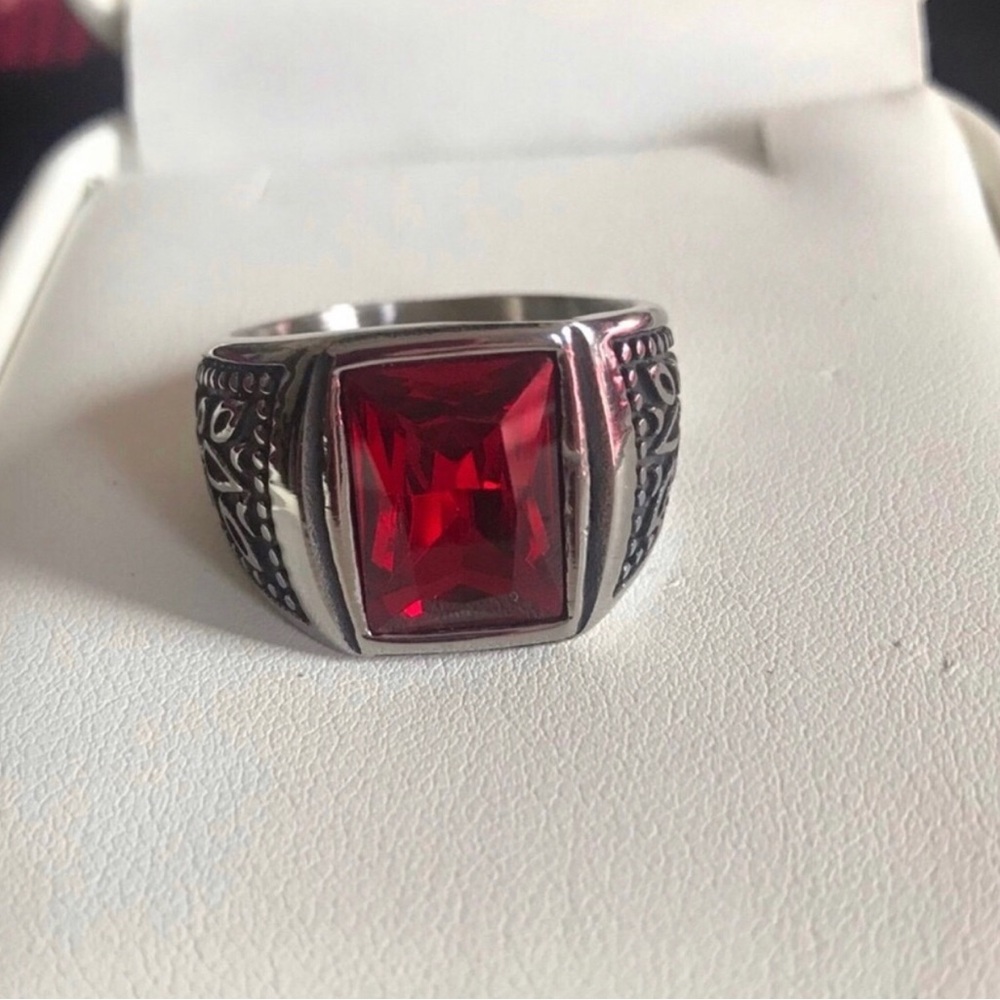 Men's Red Stone Stainless Steel Statement Ring